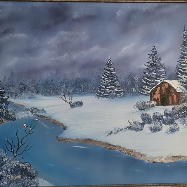 Winter river cabin painting by Douglas Allen Schlenker